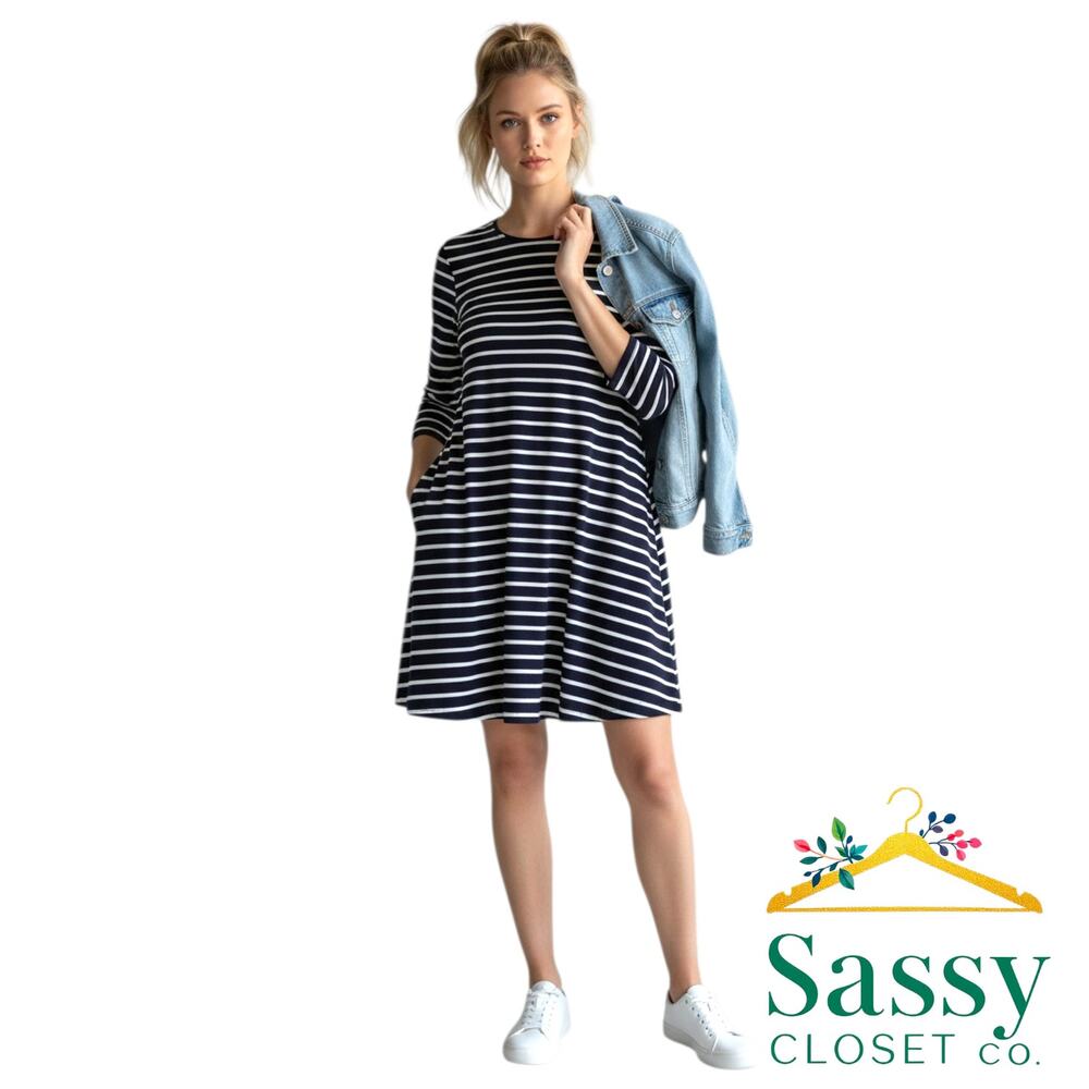 GAP Striped T-Shirt Dress M Navy White Cotton Modal 3/4 Sleeve Pockets EUC